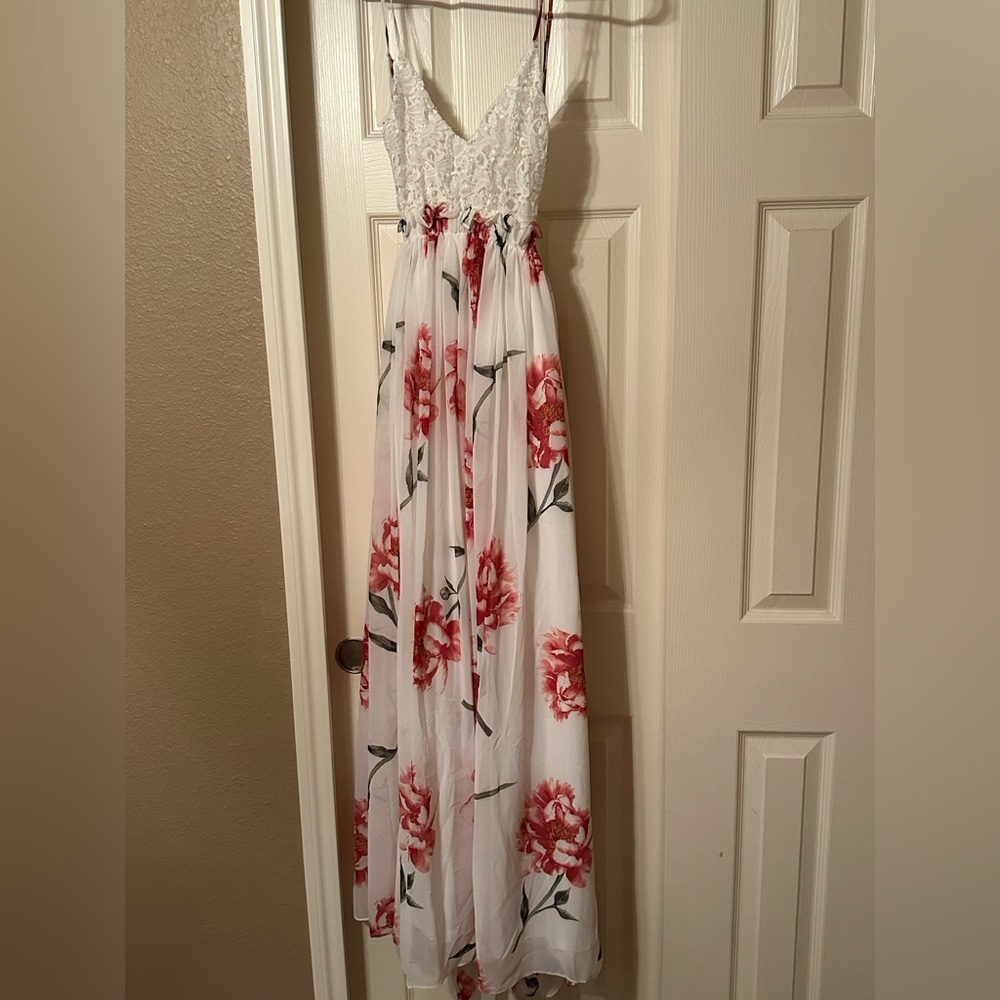 Floral White and Red Maxi Dress